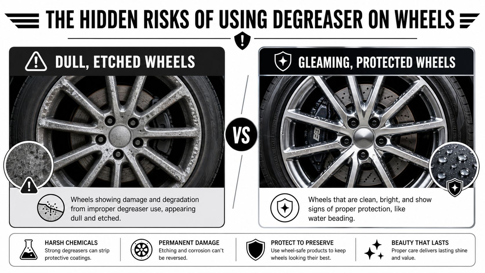 A comparison image showing a dull, etched car wheel next to a clean, shiny, and protected wheel.