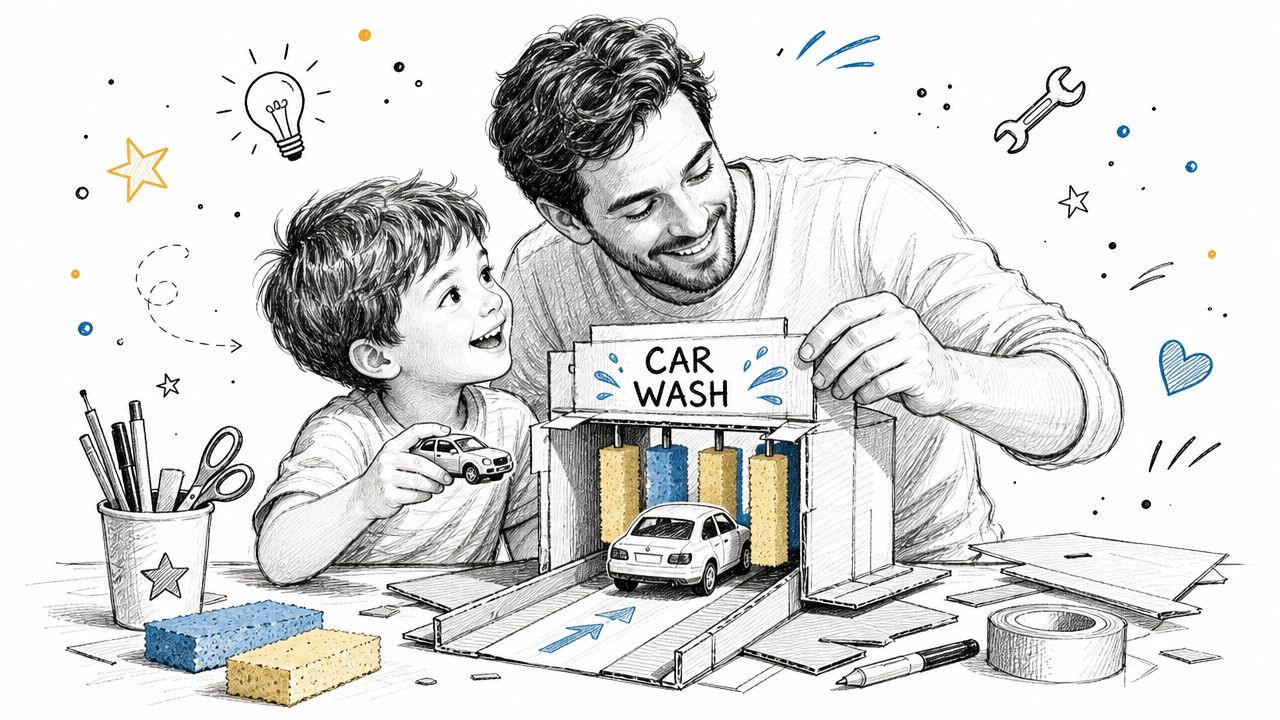 A father and son building a handmade cardboard toy car wash station with toy cars at a desk.