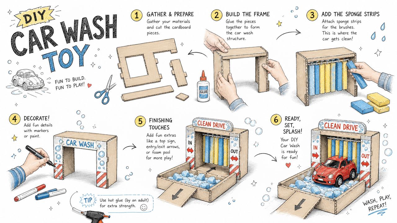 An illustrated step-by-step guide on how to build a creative cardboard toy car wash for children.