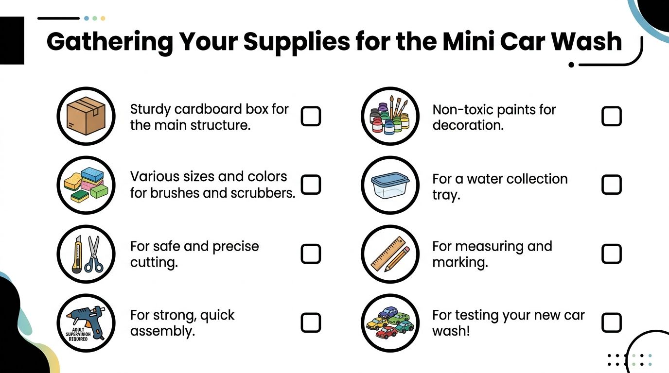 A checklist for gathering supplies to build a DIY cardboard mini car wash toy for kids.