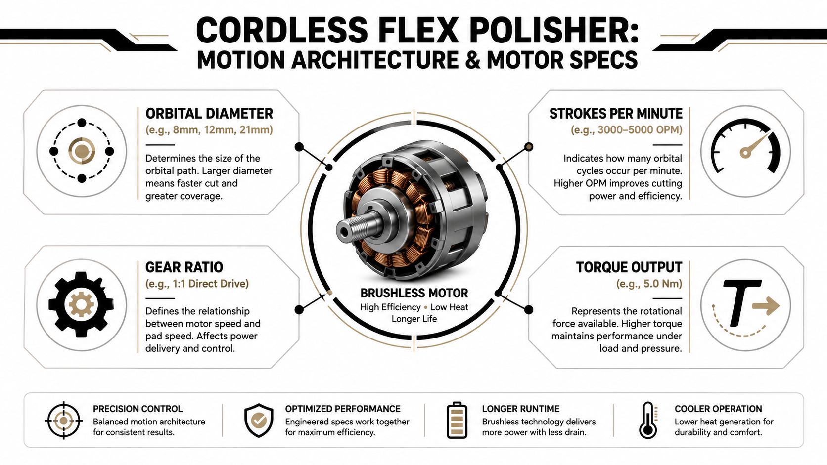 An infographic detailing the technical motor specifications and motion architecture of a cordless flex car polisher.
