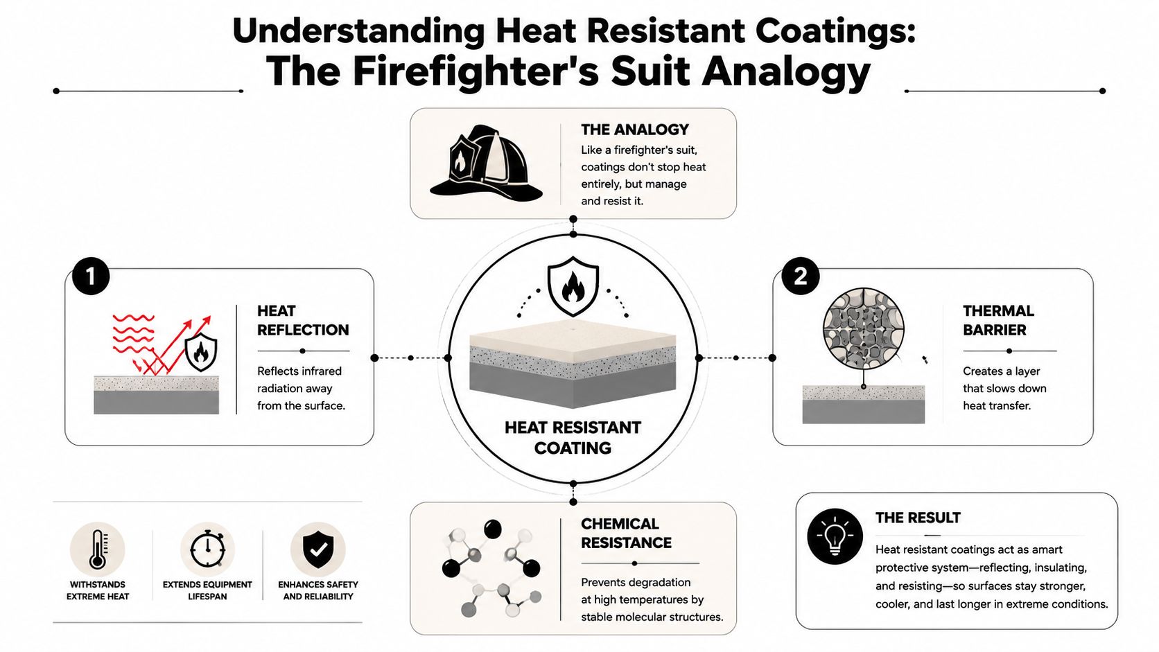 An infographic explaining how heat resistant coatings work, using a firefighter's suit as an analogy.