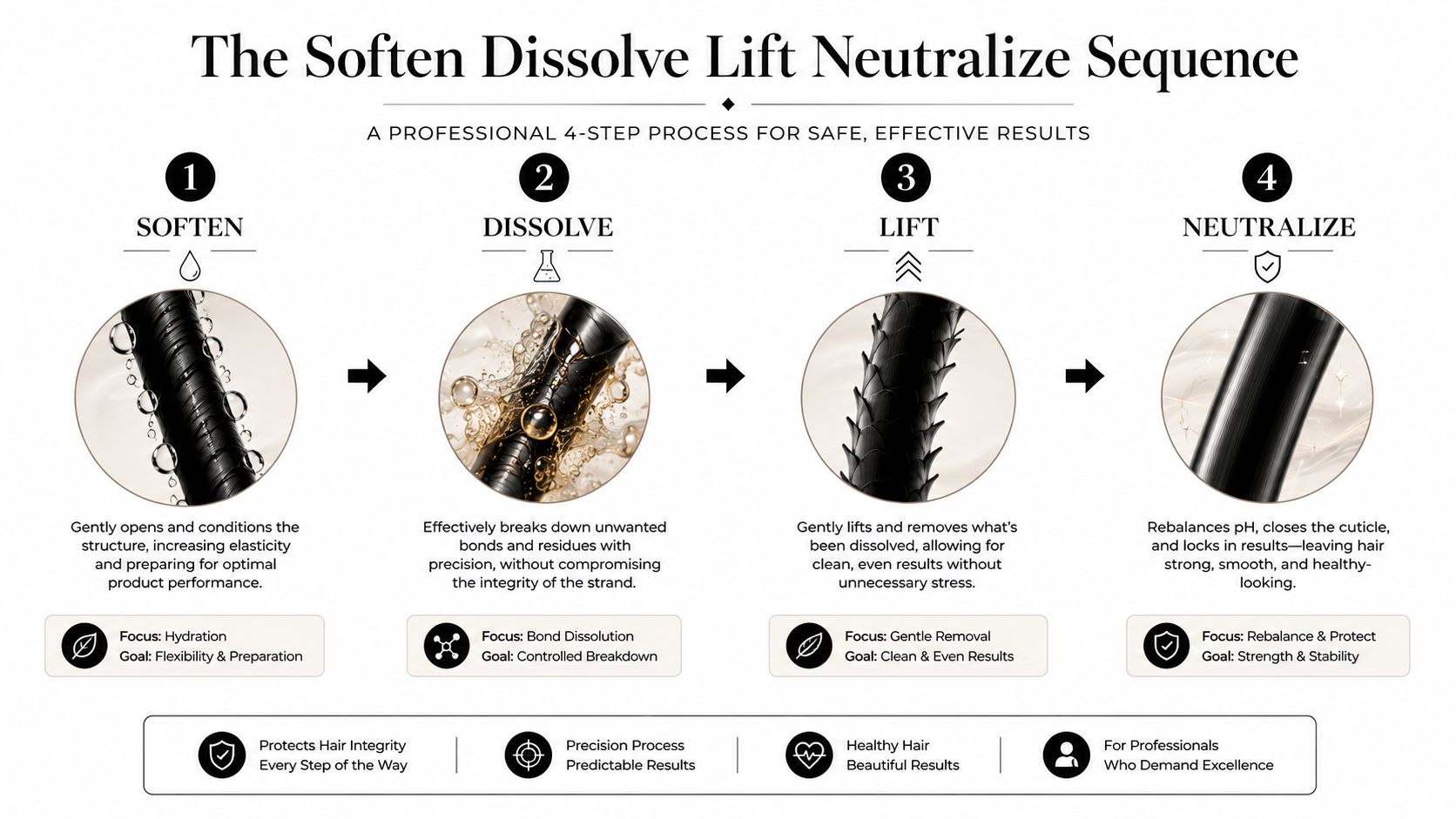 A four-step infographic illustrating a professional hair treatment process: Soften, Dissolve, Lift, and Neutralize for hair health.