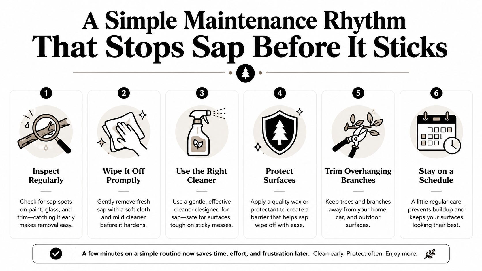 A six-step infographic on a maintenance rhythm to prevent tree sap from sticking to surfaces.