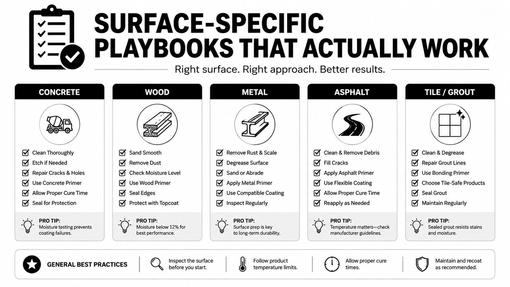 An infographic detailing surface preparation and maintenance steps for concrete, wood, metal, asphalt, and tile surfaces.