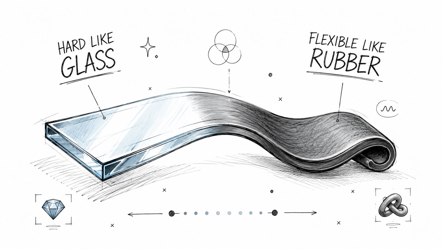 A conceptual illustration showing a material transitioning from a rigid glass-like state to a flexible rubber-like form.