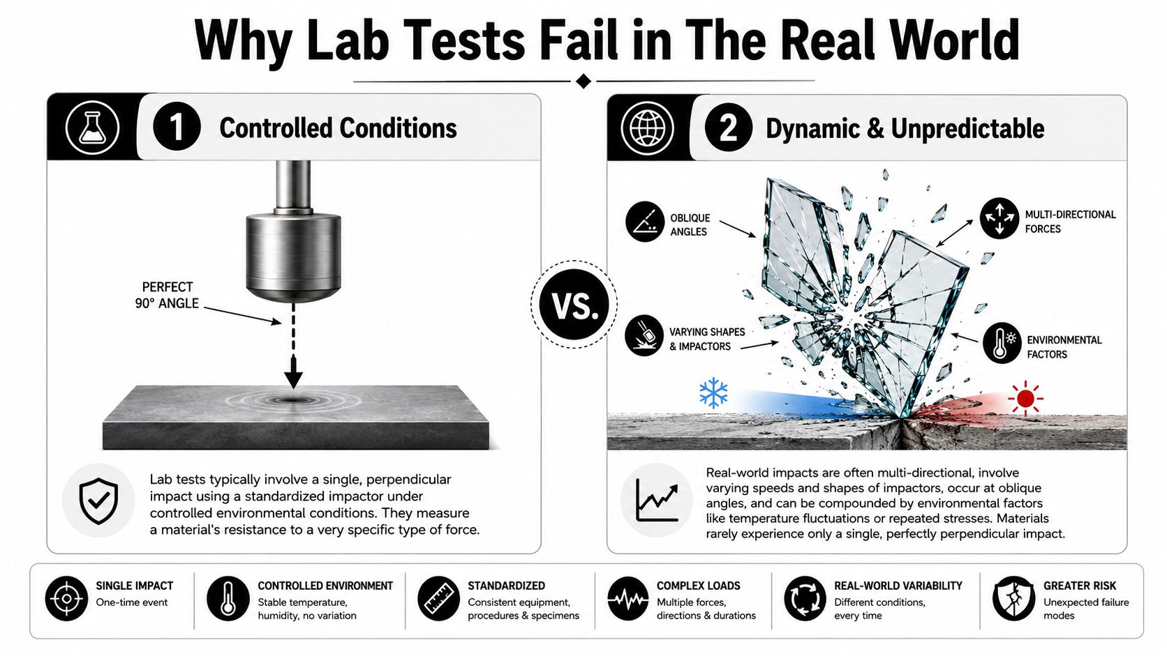 An infographic comparing controlled laboratory impact testing to unpredictable real-world material failure conditions.
