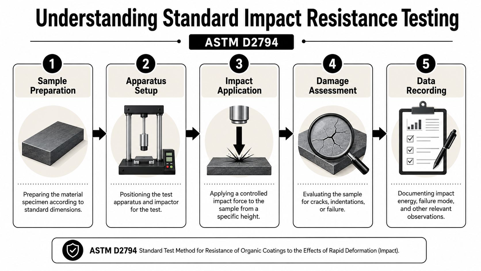 A flowchart showing the five steps of the ASTM D2794 standard impact resistance testing process for materials.
