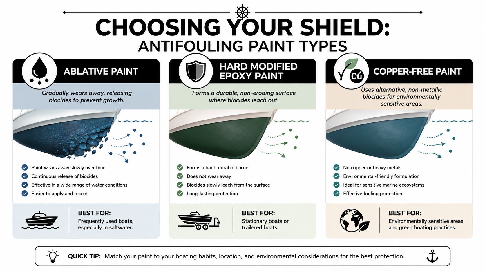 A comparison chart explaining the three main types of marine boat bottom paint for various boating needs.