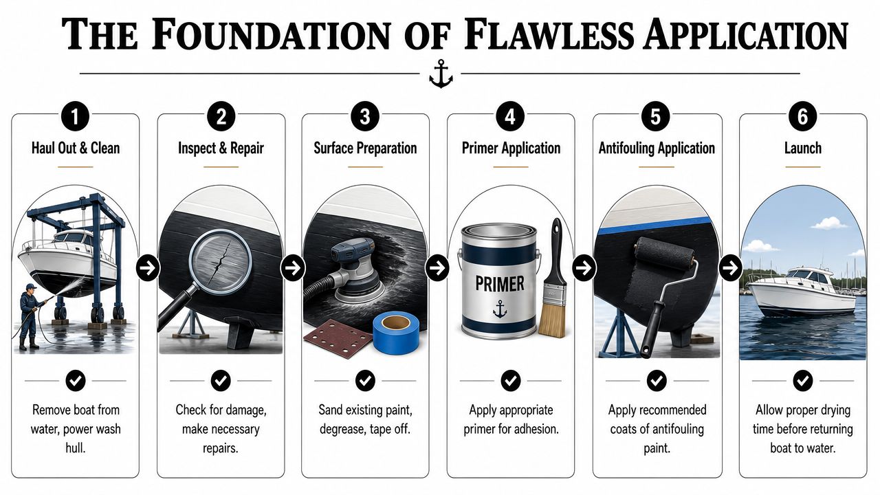 A step-by-step infographic illustrating the professional process for applying bottom paint to a boat hull.