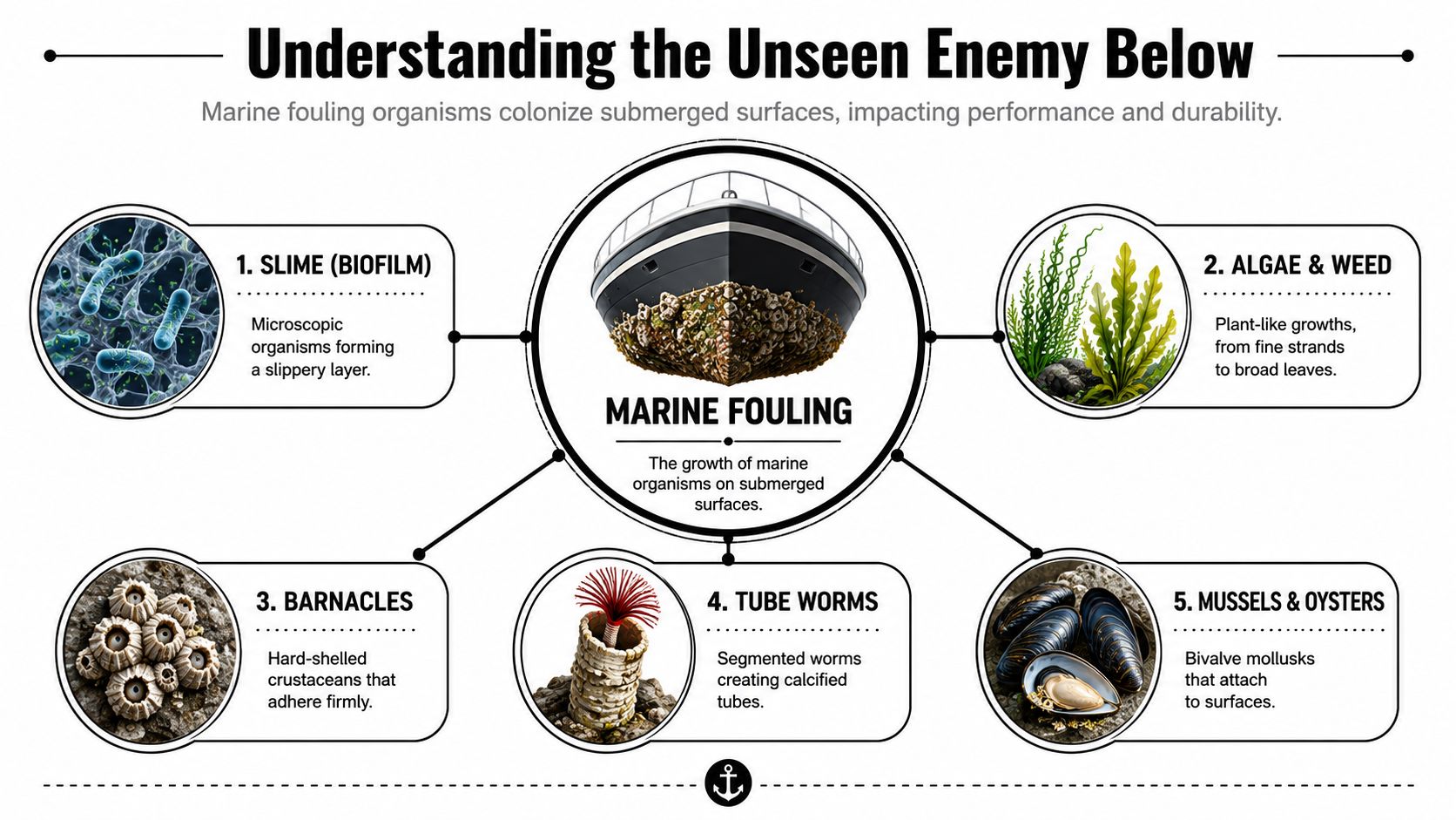 An infographic showing five types of marine organisms that cause biofouling on boat hulls underwater.
