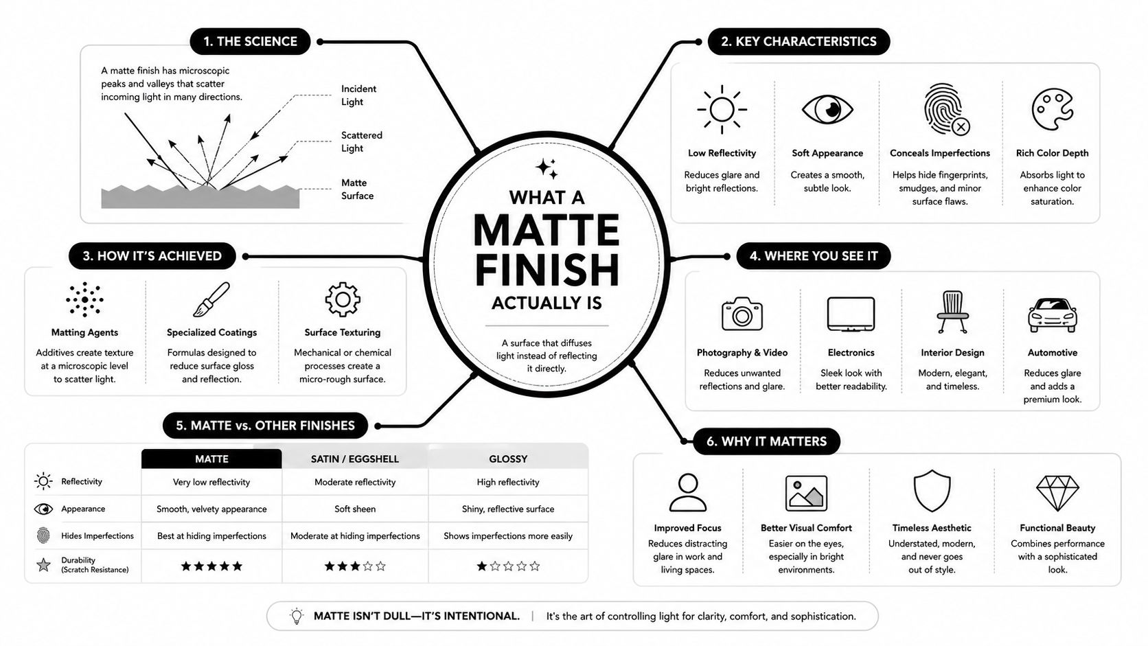 An infographic detailing the science, characteristics, applications, and benefits of matte finish surfaces in design.