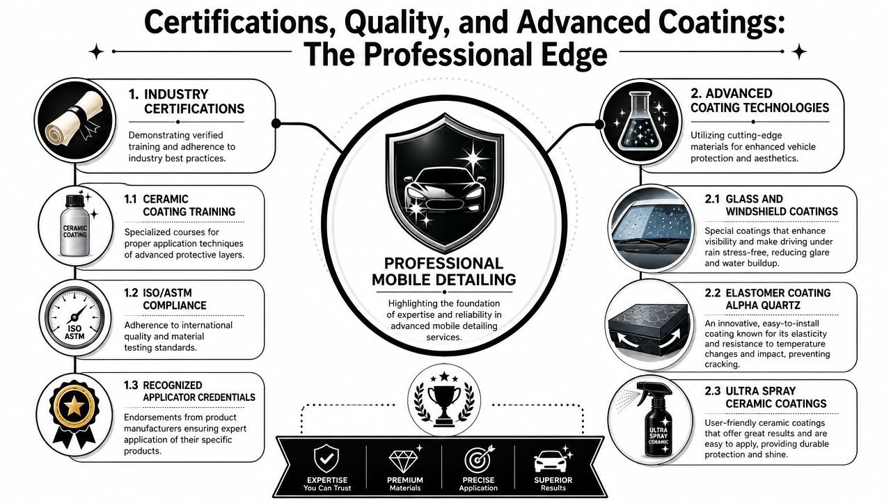 An infographic detailing certifications, quality standards, and advanced coating technologies used in professional mobile detailing services.