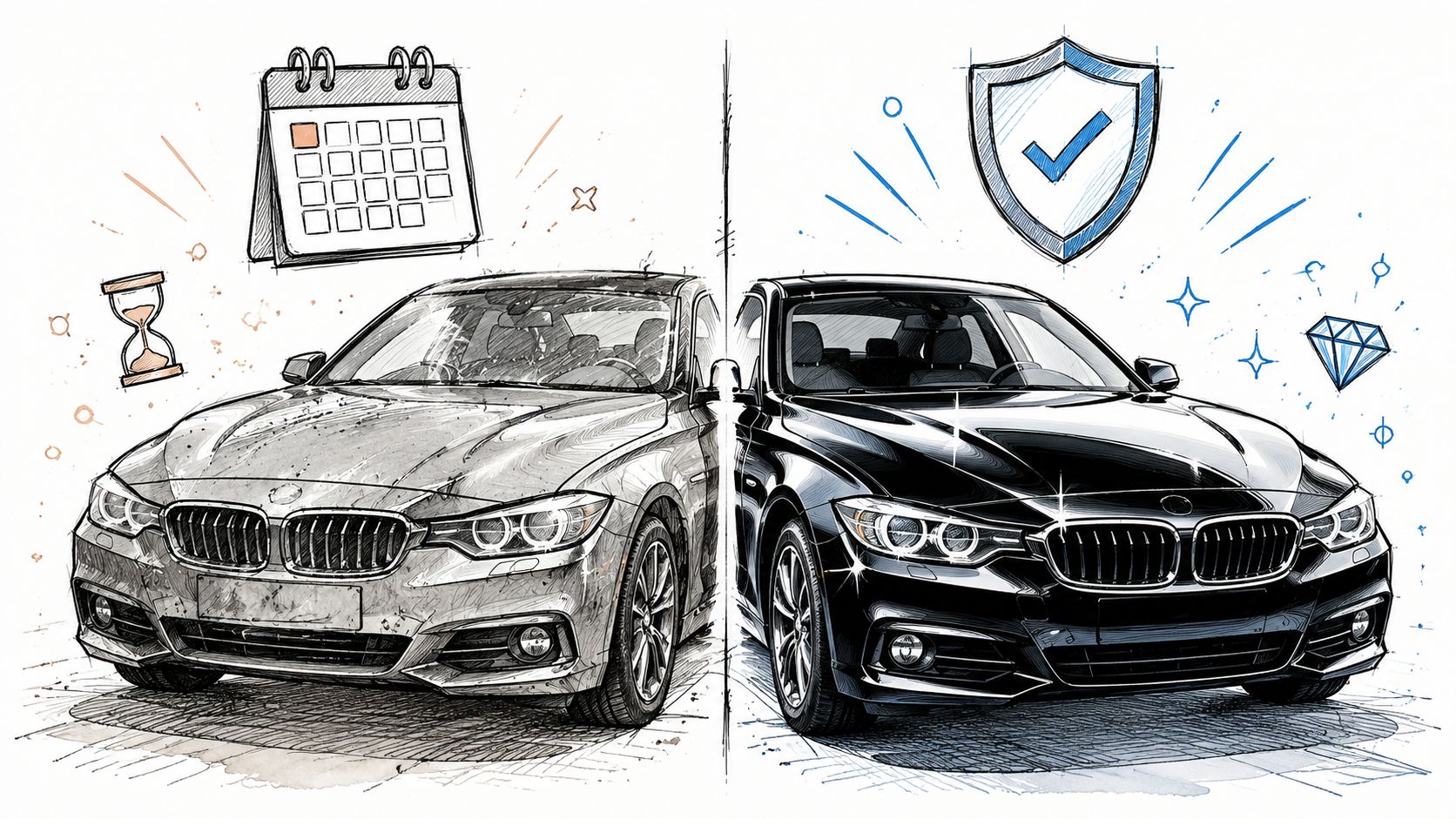A split image showing a dull, dirty car versus a shiny, protected car with a shield icon.