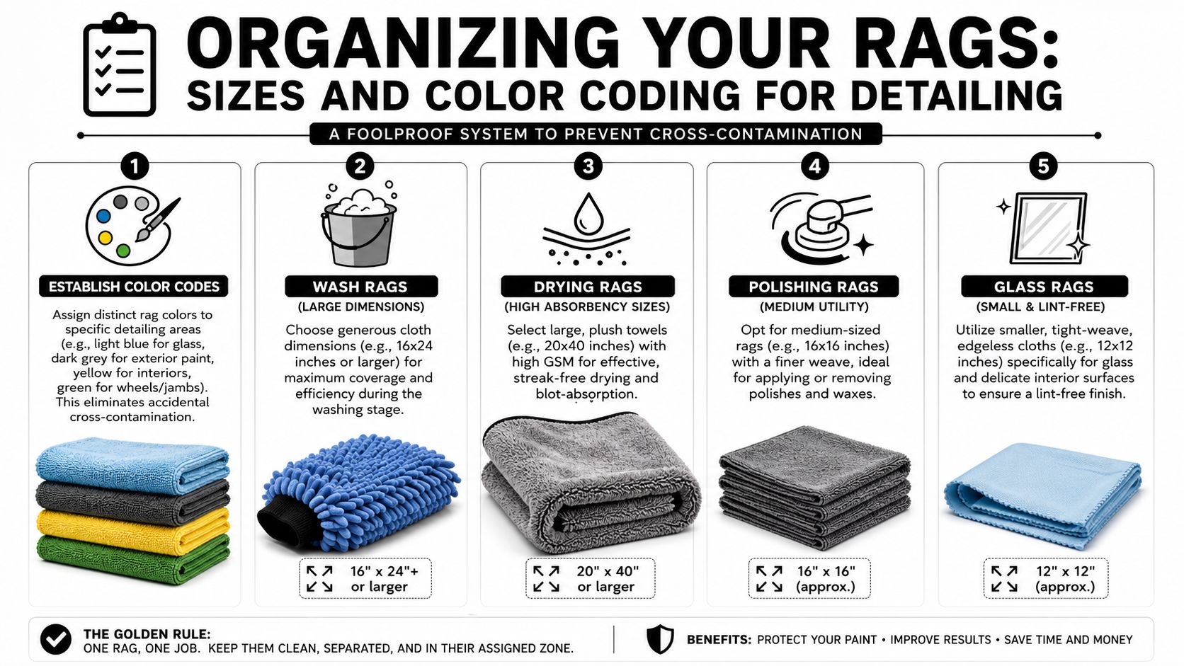 A guide showing organized color-coded microfiber rags with sizes and purposes for automotive detailing tasks.