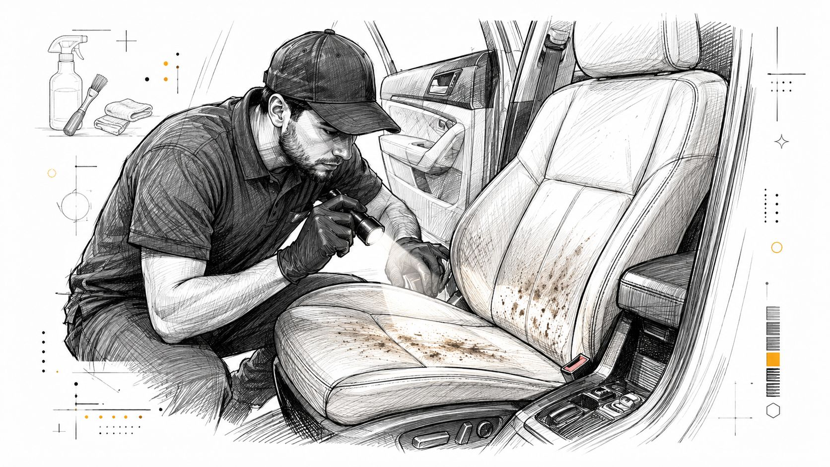 A professional car detailer inspecting stained leather car seats with a flashlight while cleaning the interior.