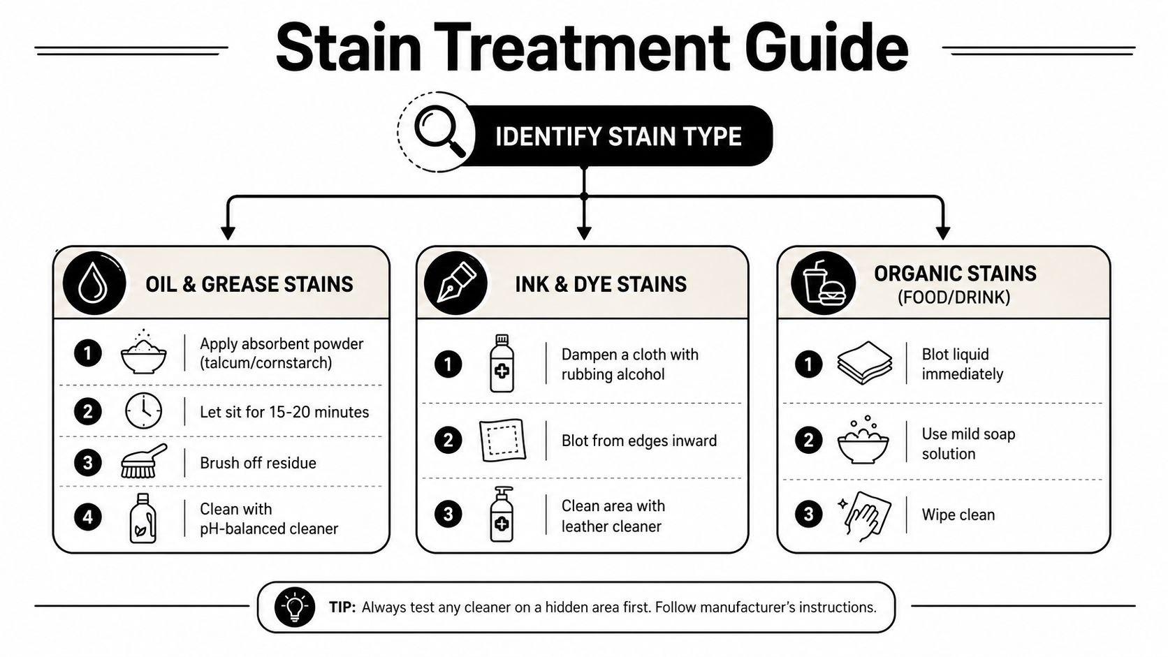 A helpful infographic titled Stain Treatment Guide offering step-by-step instructions for removing various stains from leather surfaces.