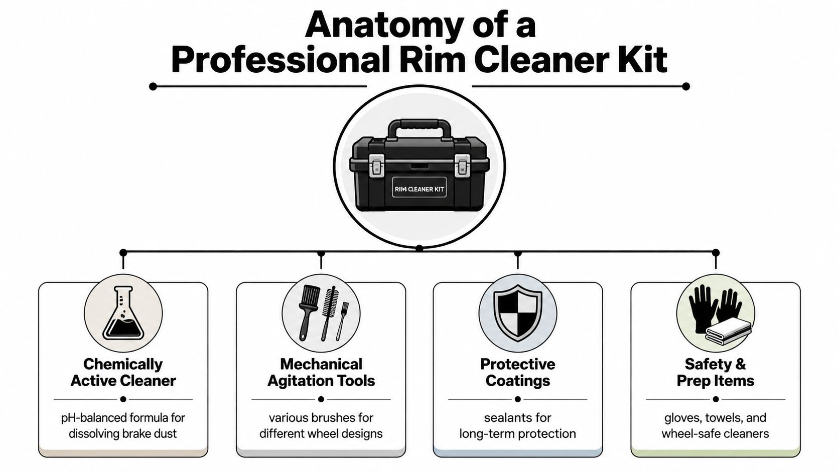 An infographic showing the four essential components of a professional car rim cleaner kit for maintenance.