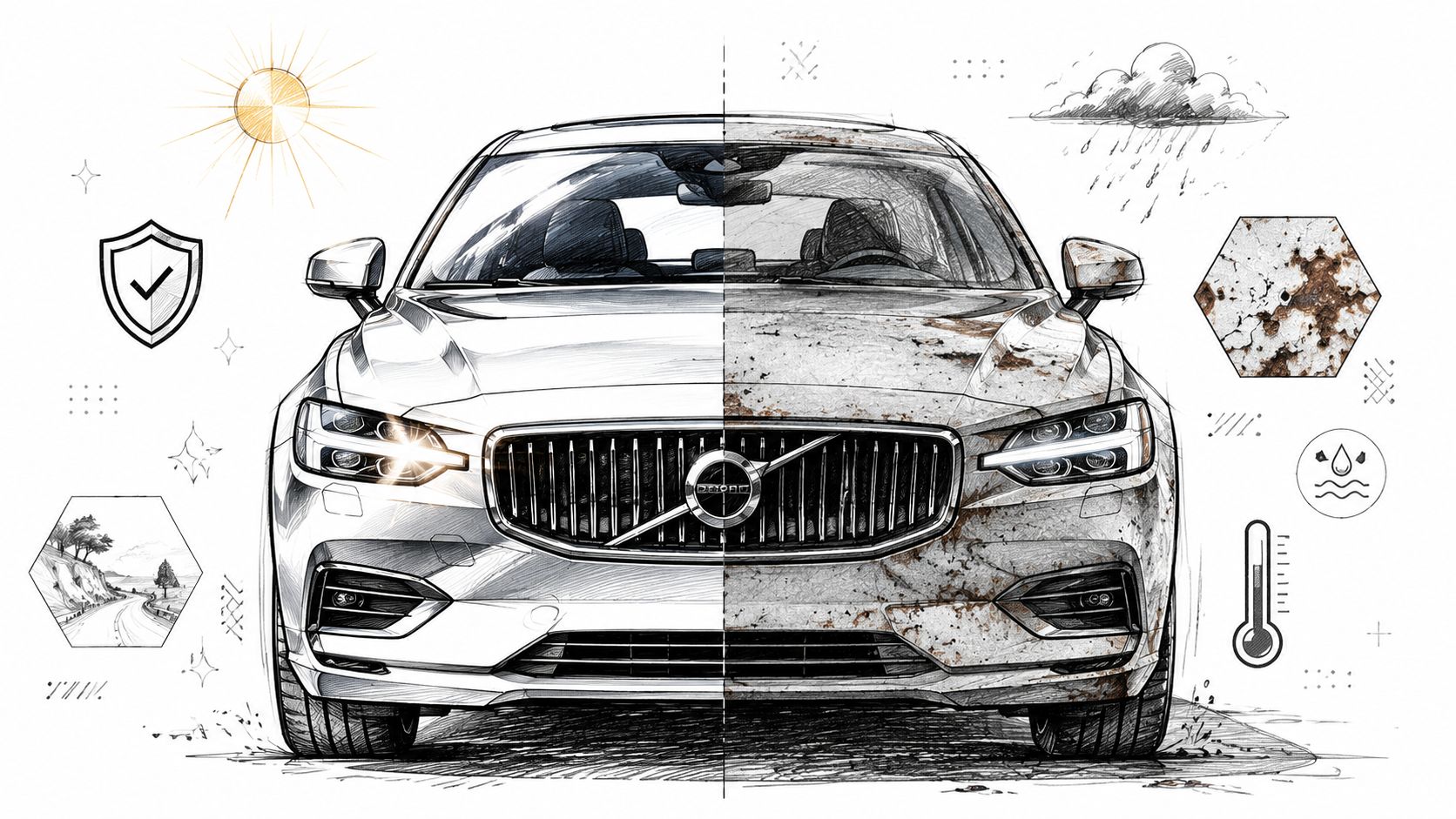A split image showing a clean car and a rusted vehicle representing salt spray corrosion testing results.
