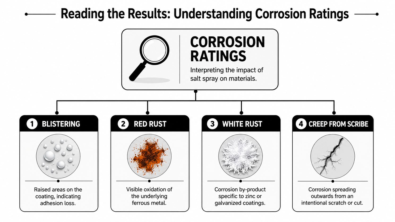 An infographic titled Reading the Results explaining four types of corrosion ratings from salt spray testing.