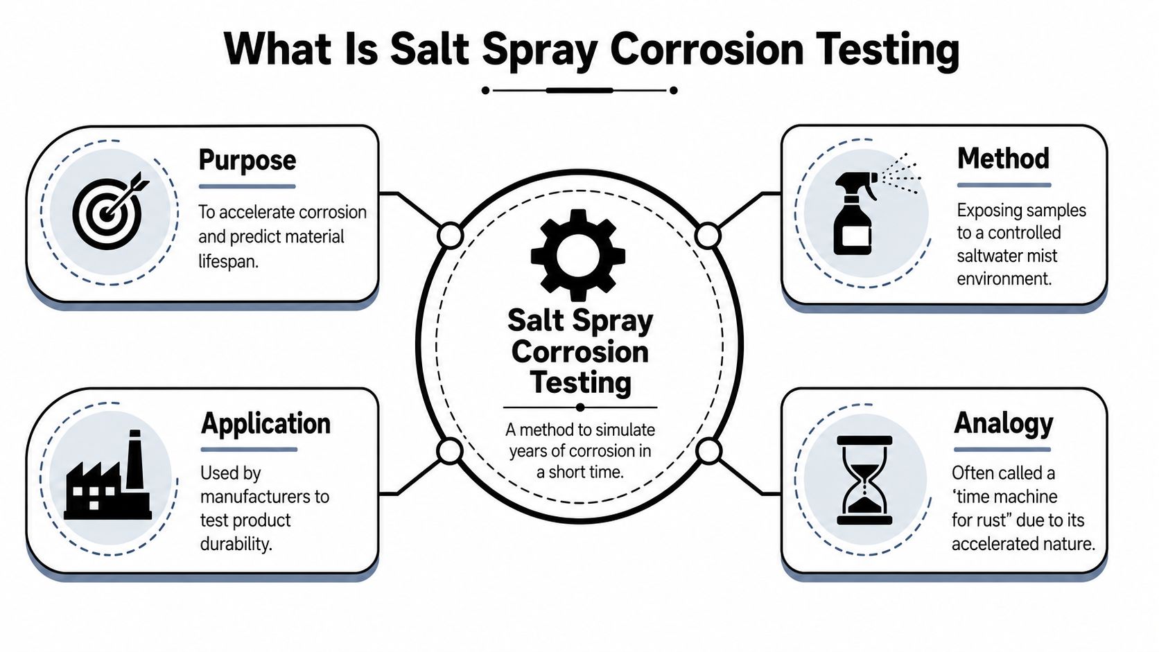 A diagram explaining salt spray corrosion testing through its purpose, application, method, and a time machine analogy.