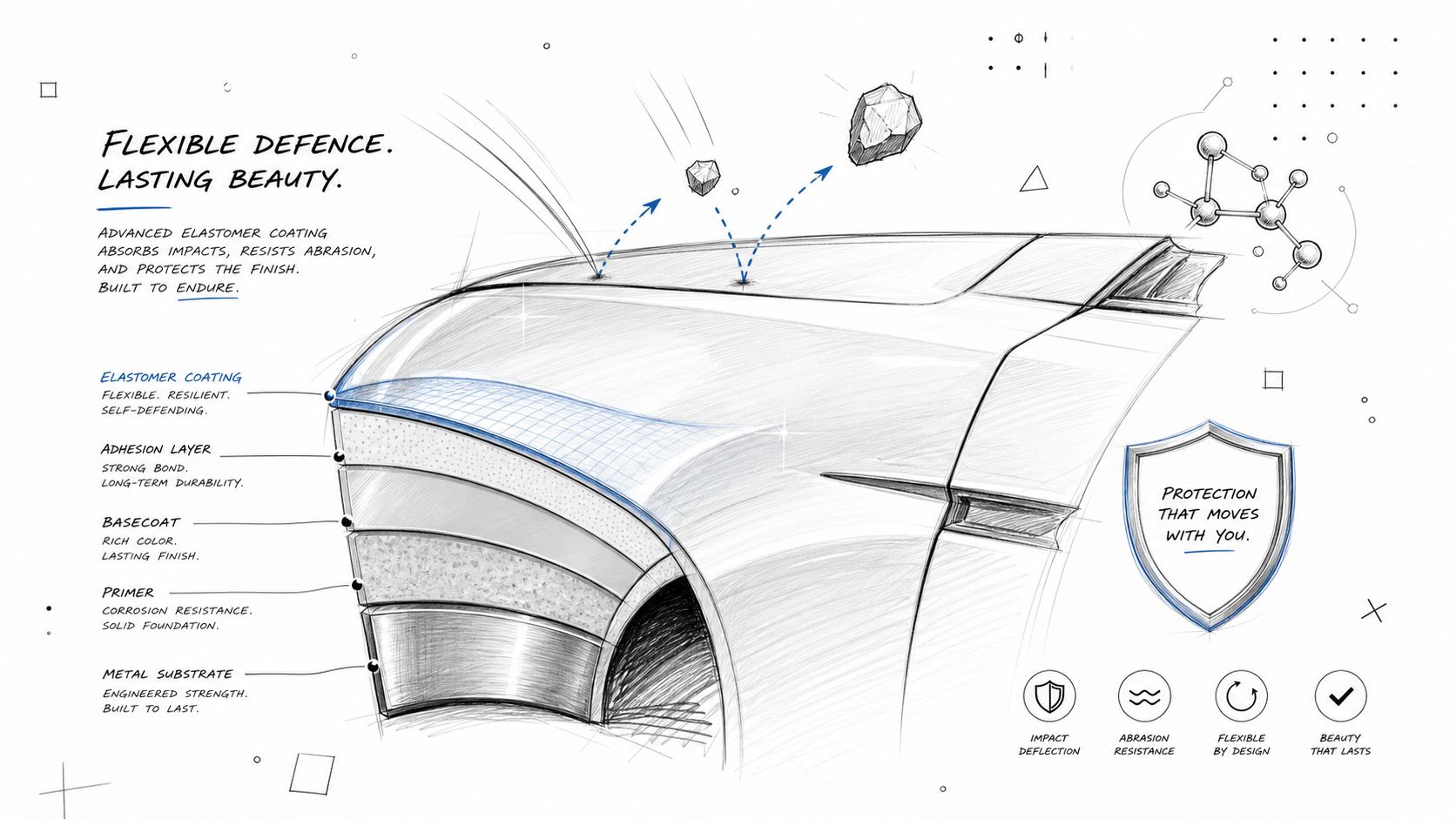 A technical diagram illustrating the layered protection structure of a car paint coating system against impacts.