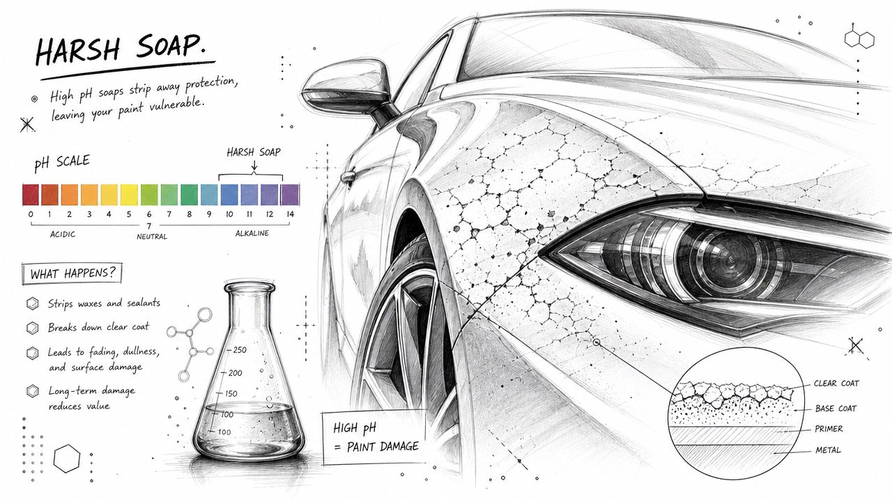 A detailed technical illustration showing how high pH harsh soaps damage a car's clear coat paint layer.