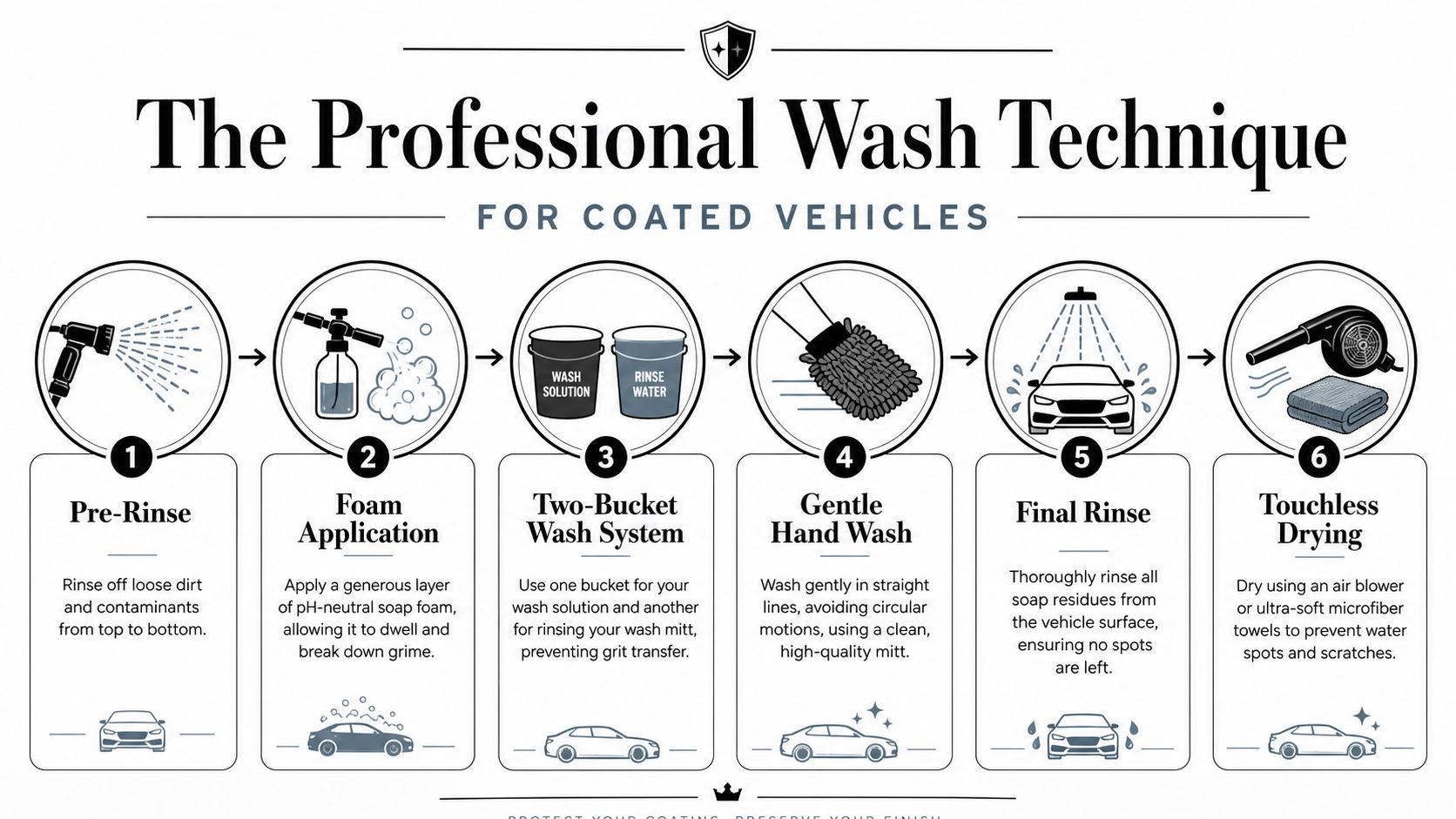 A step-by-step infographic illustrating the professional six-step car wash technique for vehicles with protective coatings.