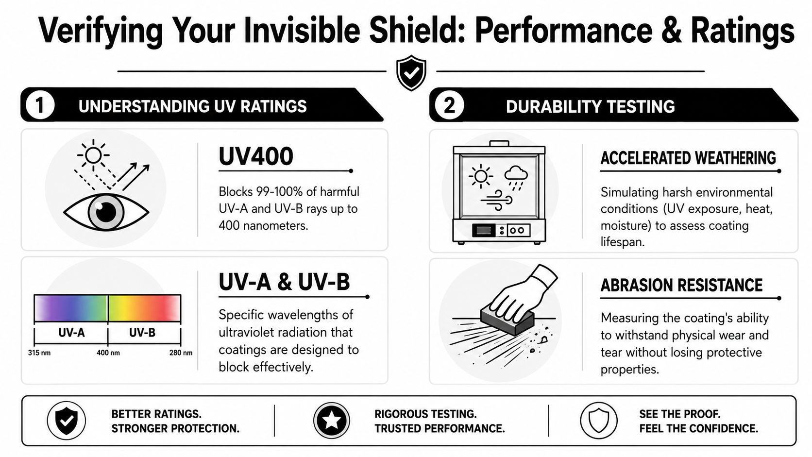 An infographic detailing how UV protection coatings on glasses are tested for safety and durability.
