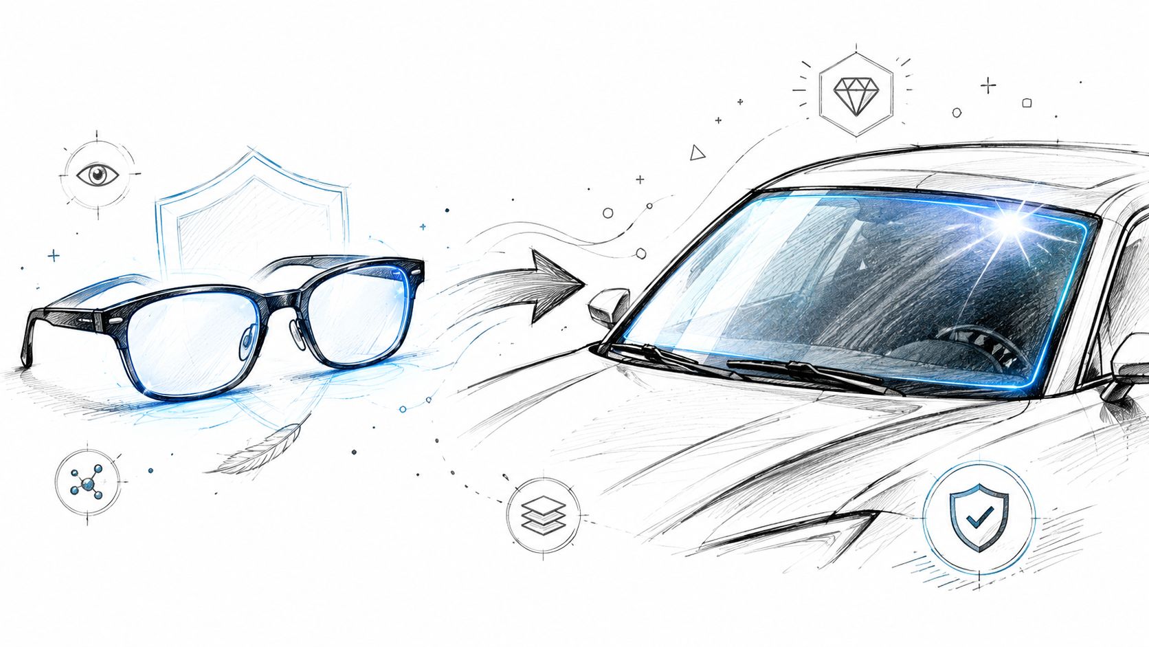A line drawing illustration showing glasses with a shield icon and car windshield with UV protection features.