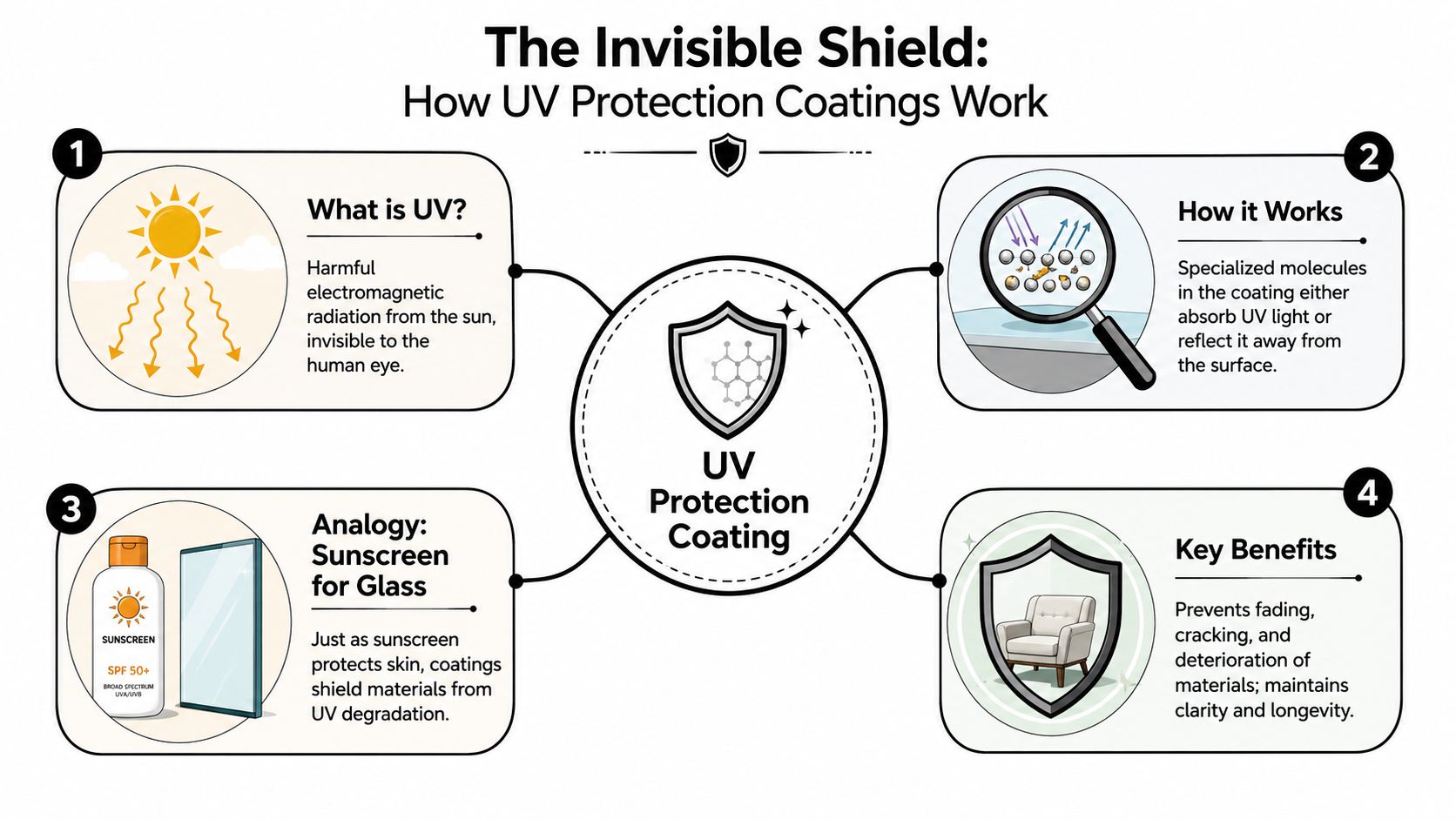 An infographic explaining how UV protection coatings function as a shield for surfaces against solar radiation.
