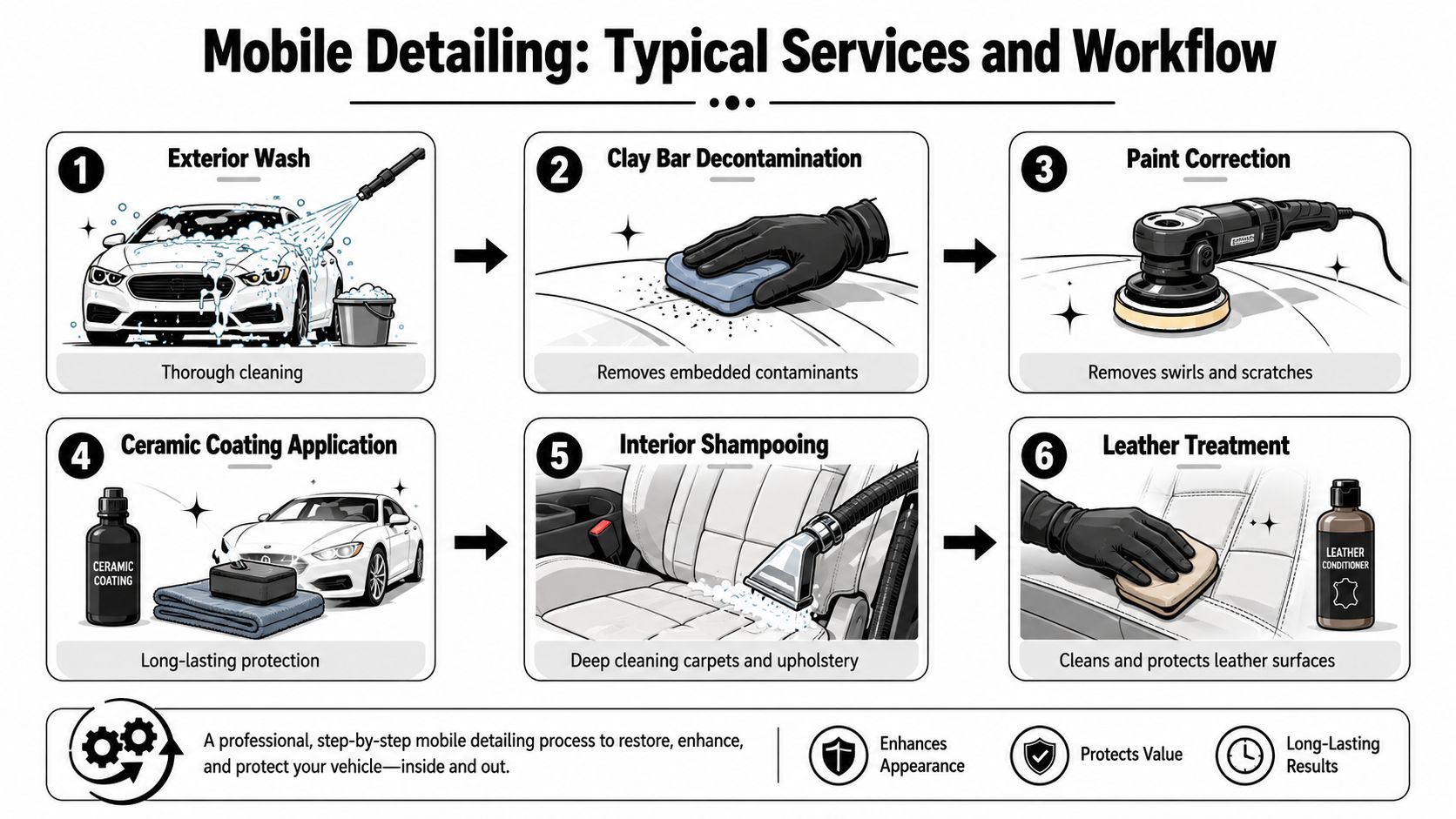 A step-by-step infographic illustrating the six-stage professional mobile car detailing workflow for vehicle restoration and protection.