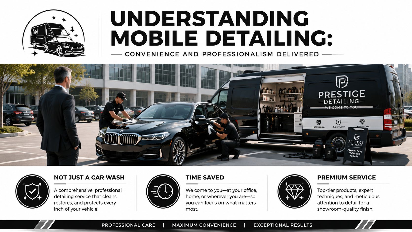Two professionals from Prestige Detailing cleaning a black BMW sedan at an office parking lot.