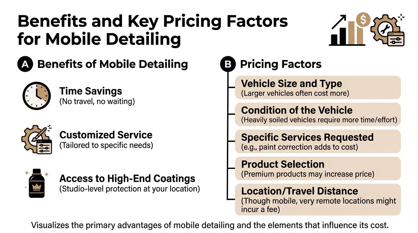 An infographic showing the main benefits of mobile detailing services alongside key pricing factors for customers.