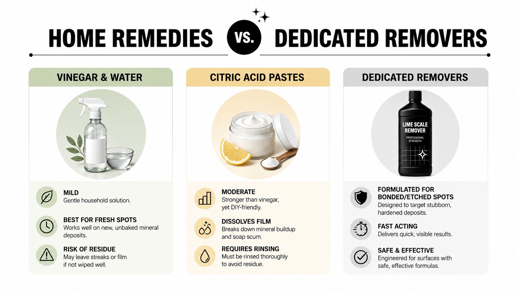 A comparison chart showing the differences between vinegar, citric acid pastes, and dedicated lime scale removers.