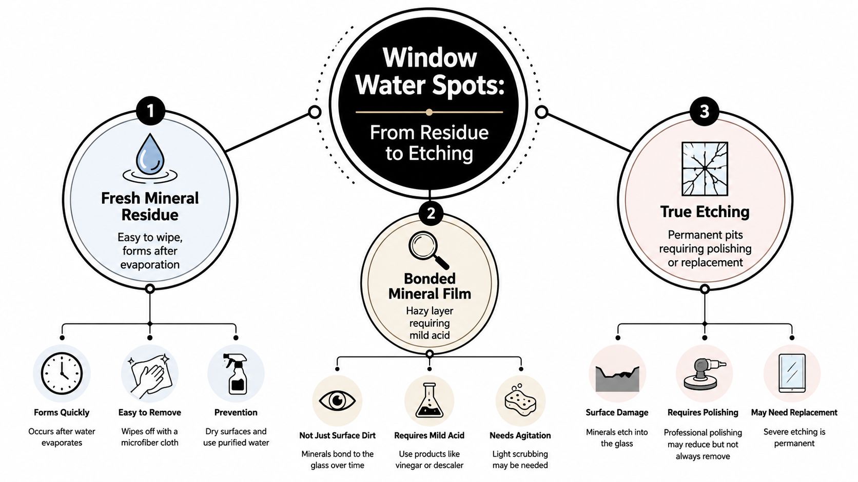 An infographic detailing the three stages of window water spots from fresh residue to permanent glass etching.