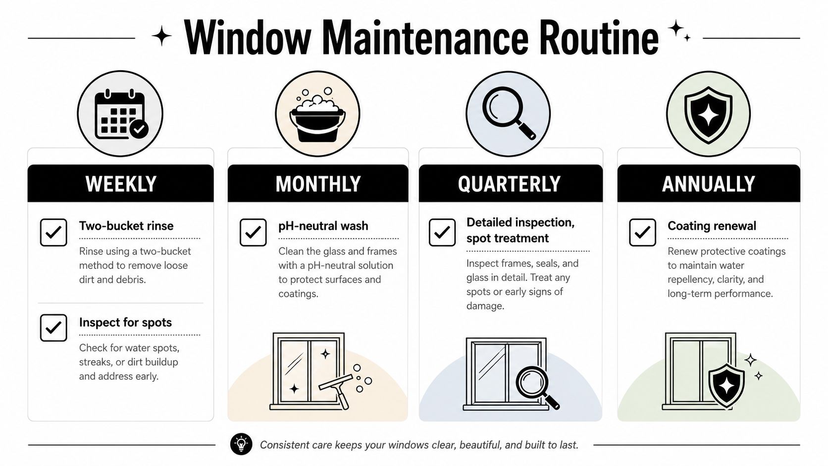 An infographic detailing a professional window maintenance routine categorized into weekly, monthly, quarterly, and annual maintenance tasks.