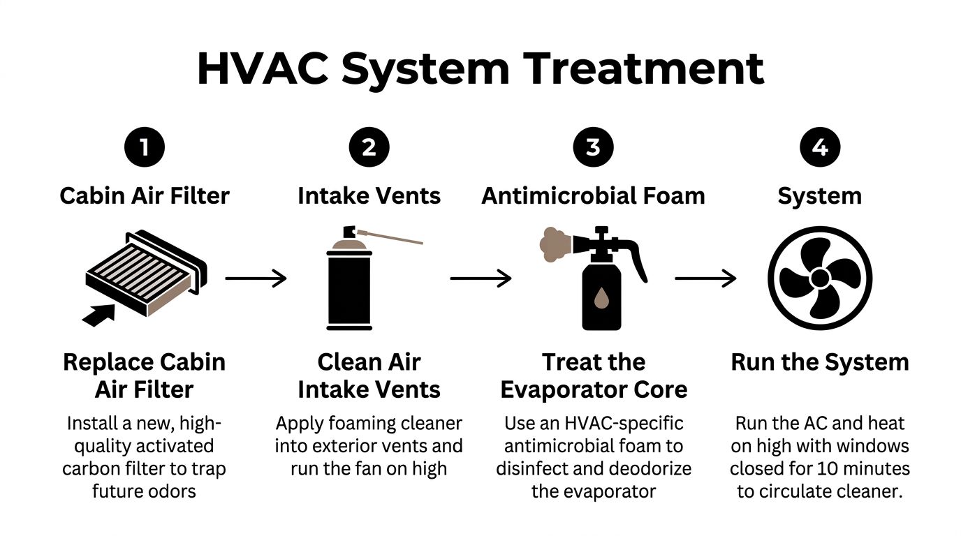 A four-step infographic illustrating the professional procedure for performing an HVAC system treatment on a vehicle.