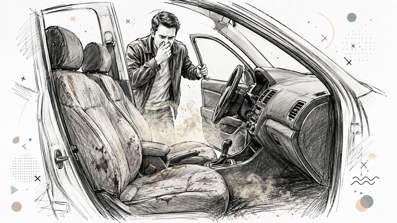 A man looking disgusted while opening a car door to reveal a dirty, foul-smelling vehicle interior.