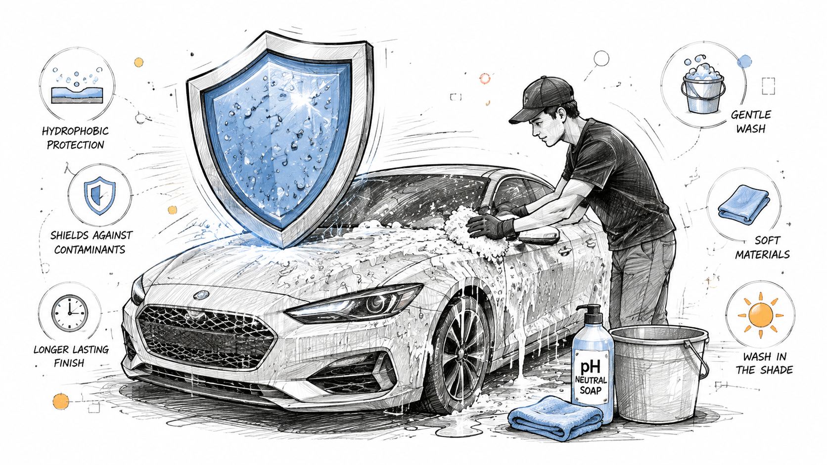 A detailed illustration showing a person washing a car with pH neutral soap and demonstrating protective features.