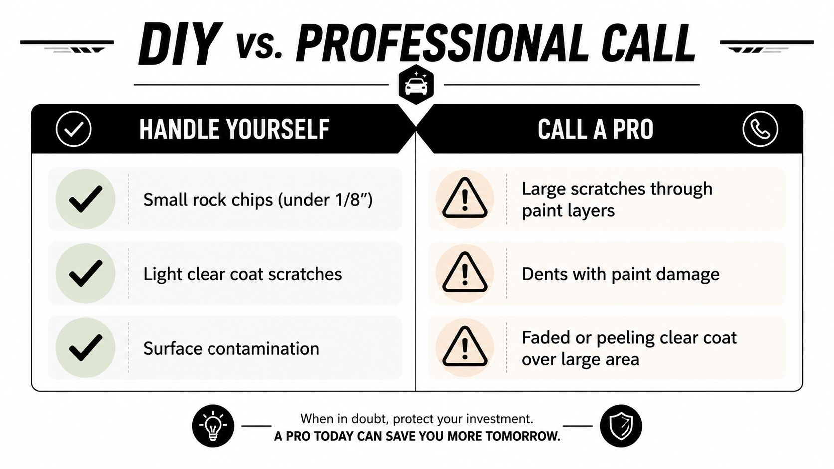 A comparison chart showing which types of car paint damage can be repaired DIY versus by a professional.