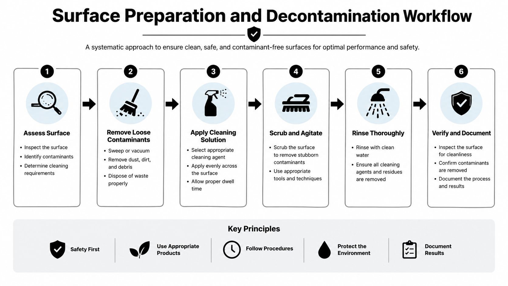 A six-step infographic outlining a professional workflow for surface preparation and decontamination of contaminated areas.