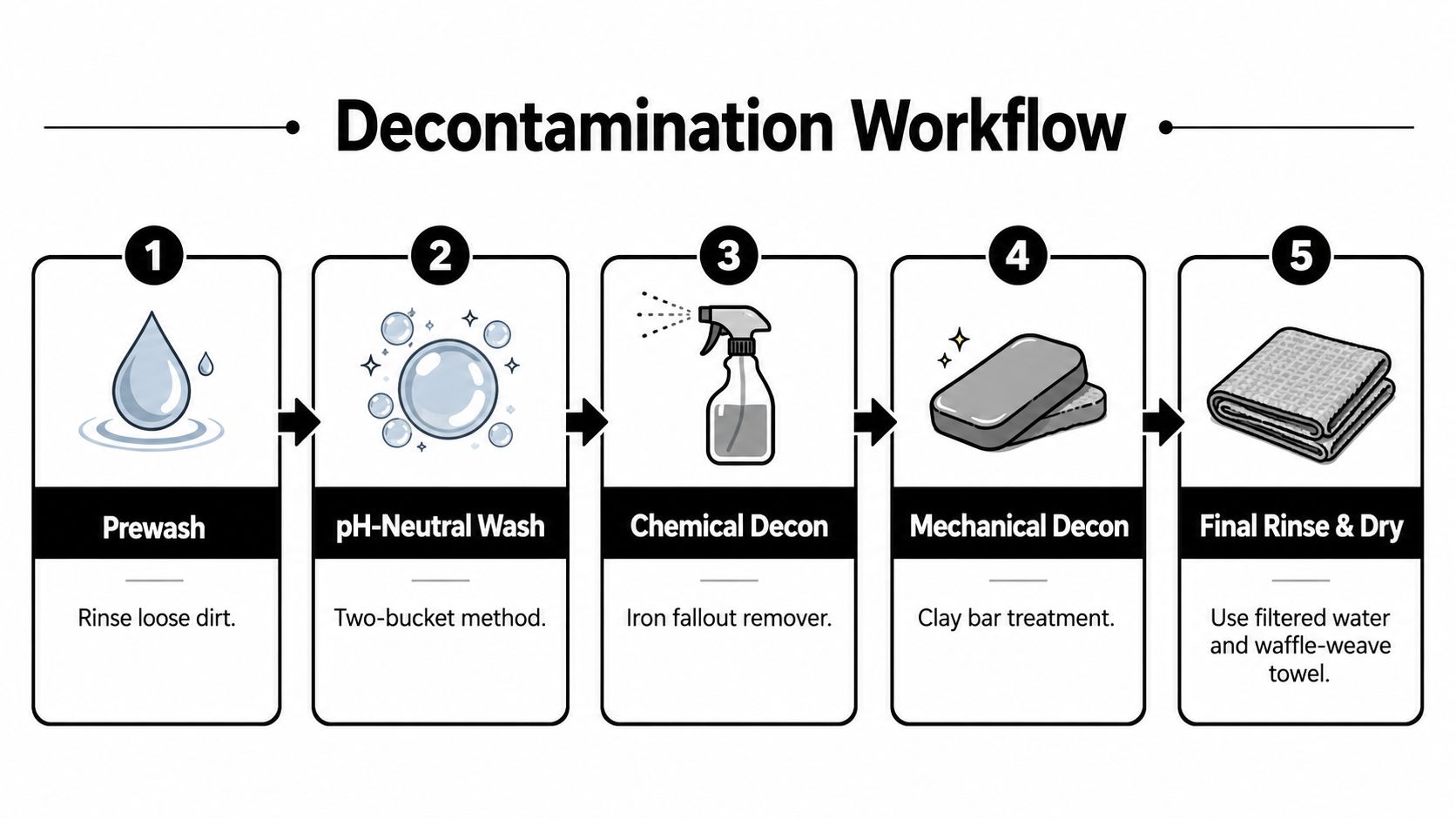 A step-by-step infographic showing a five-stage car decontamination workflow for automotive paint surface preparation.