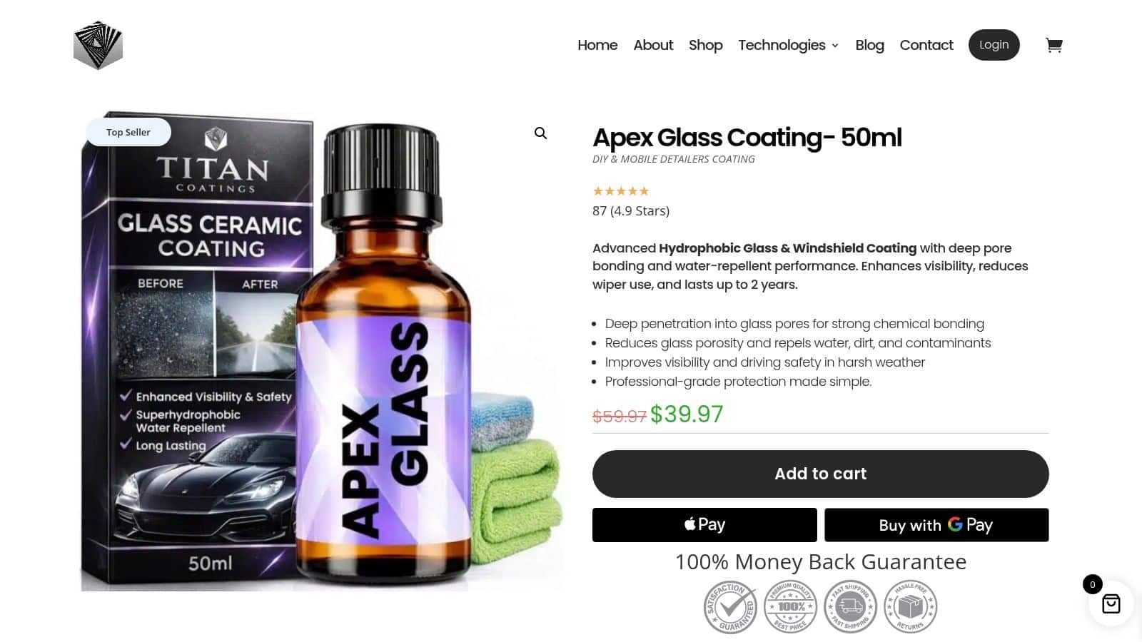 Screenshot from https://titancoatings.us/product/apex-glass-ceramic-coatings/