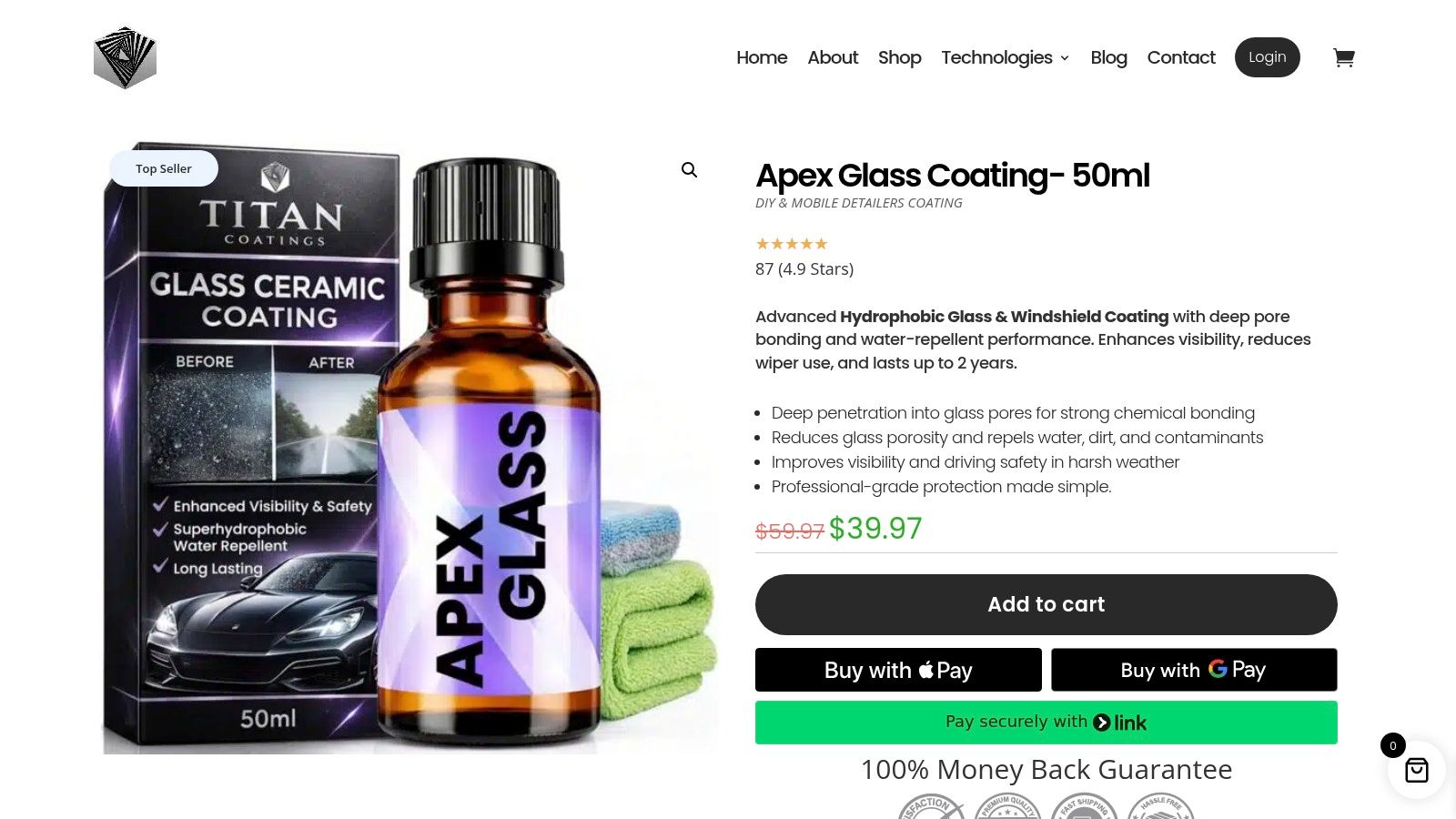 Screenshot from https://titancoatings.us/product/apex-glass-ceramic-coatings/
