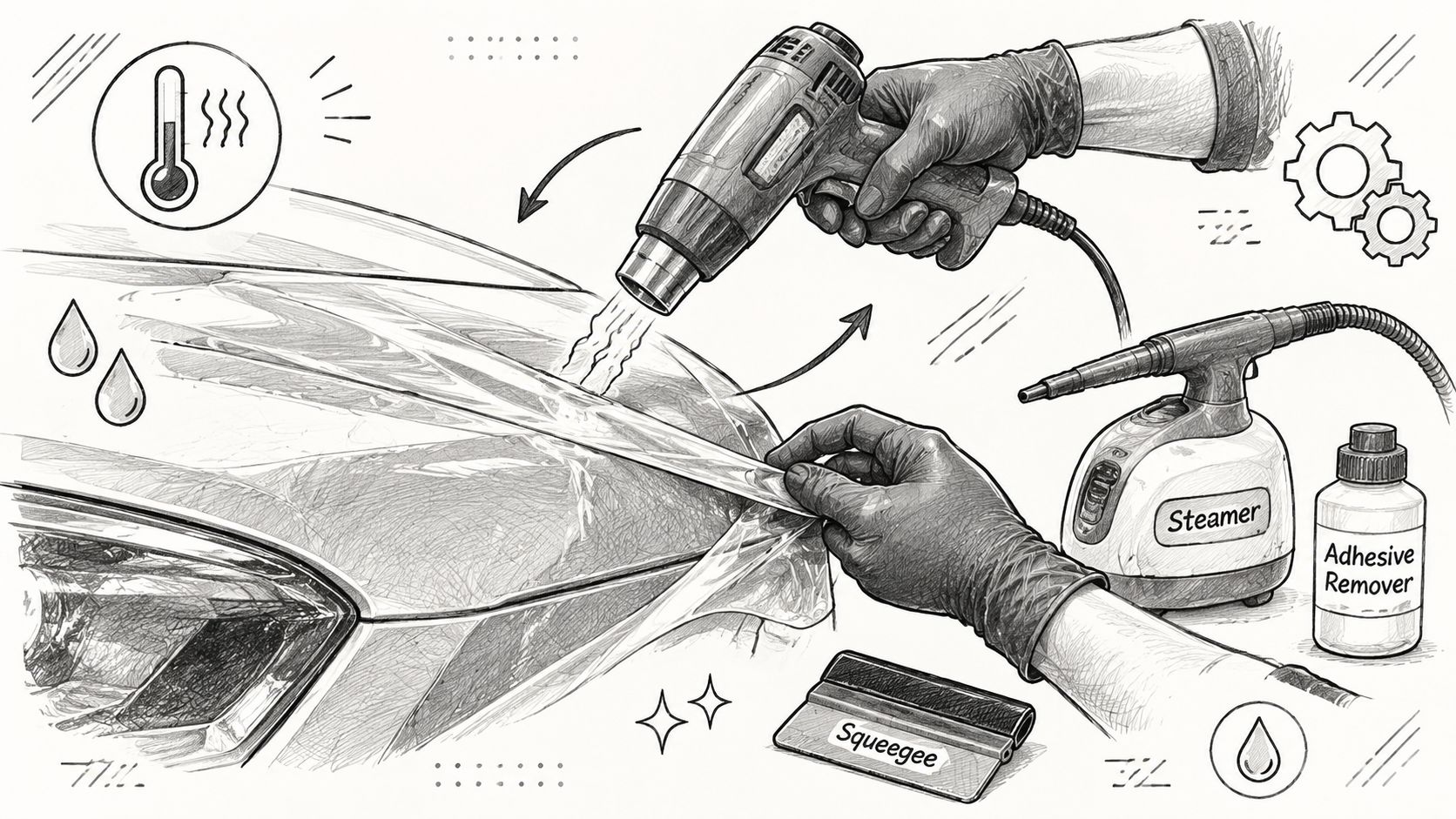 A professional technician using a heat gun and steamer to safely remove protective film from a car.