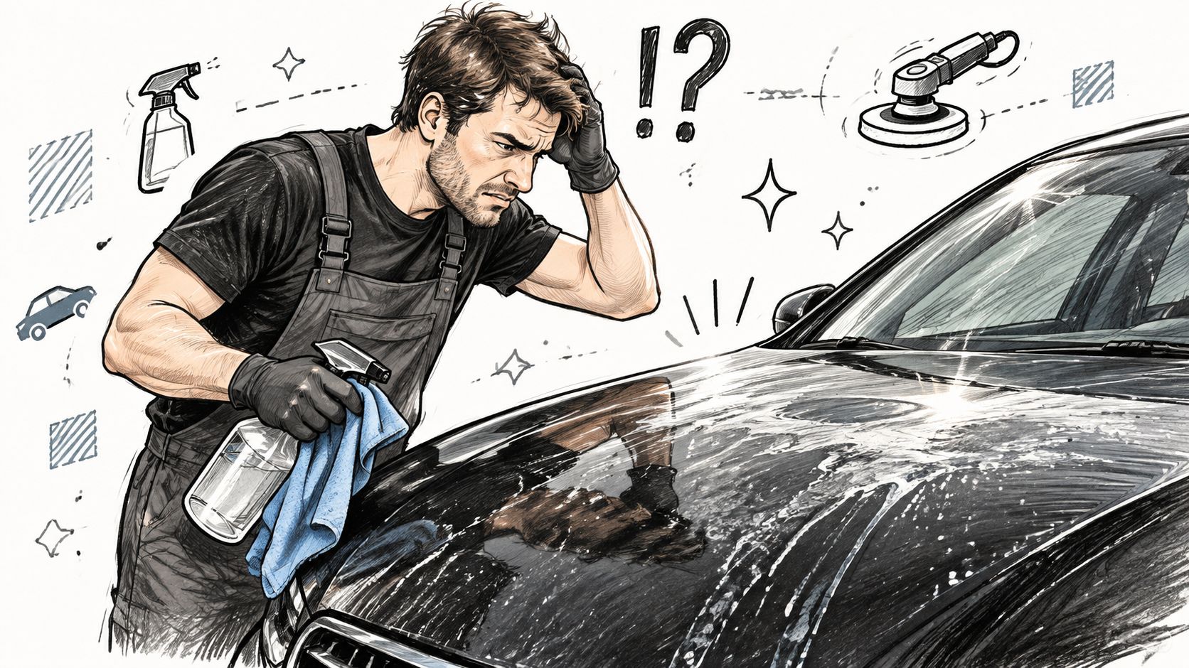 A confused mechanic holding a spray bottle and cloth while inspecting a car hood with poor results.