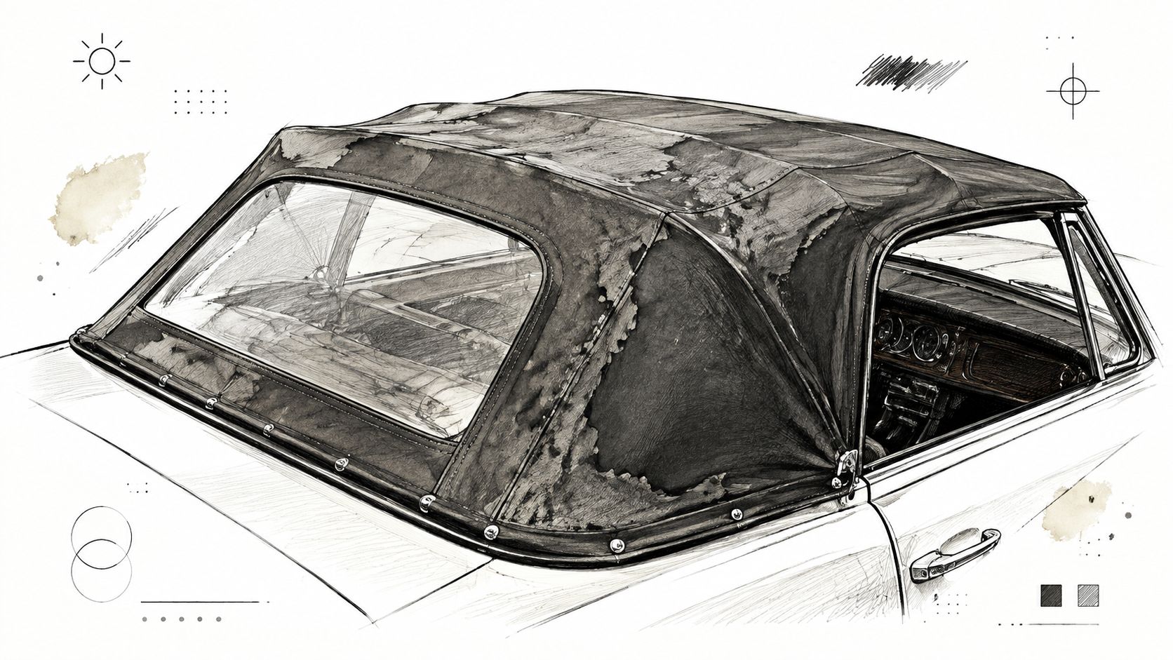 A detailed pencil sketch illustration focusing on the worn and weathered fabric roof of a vintage convertible car.