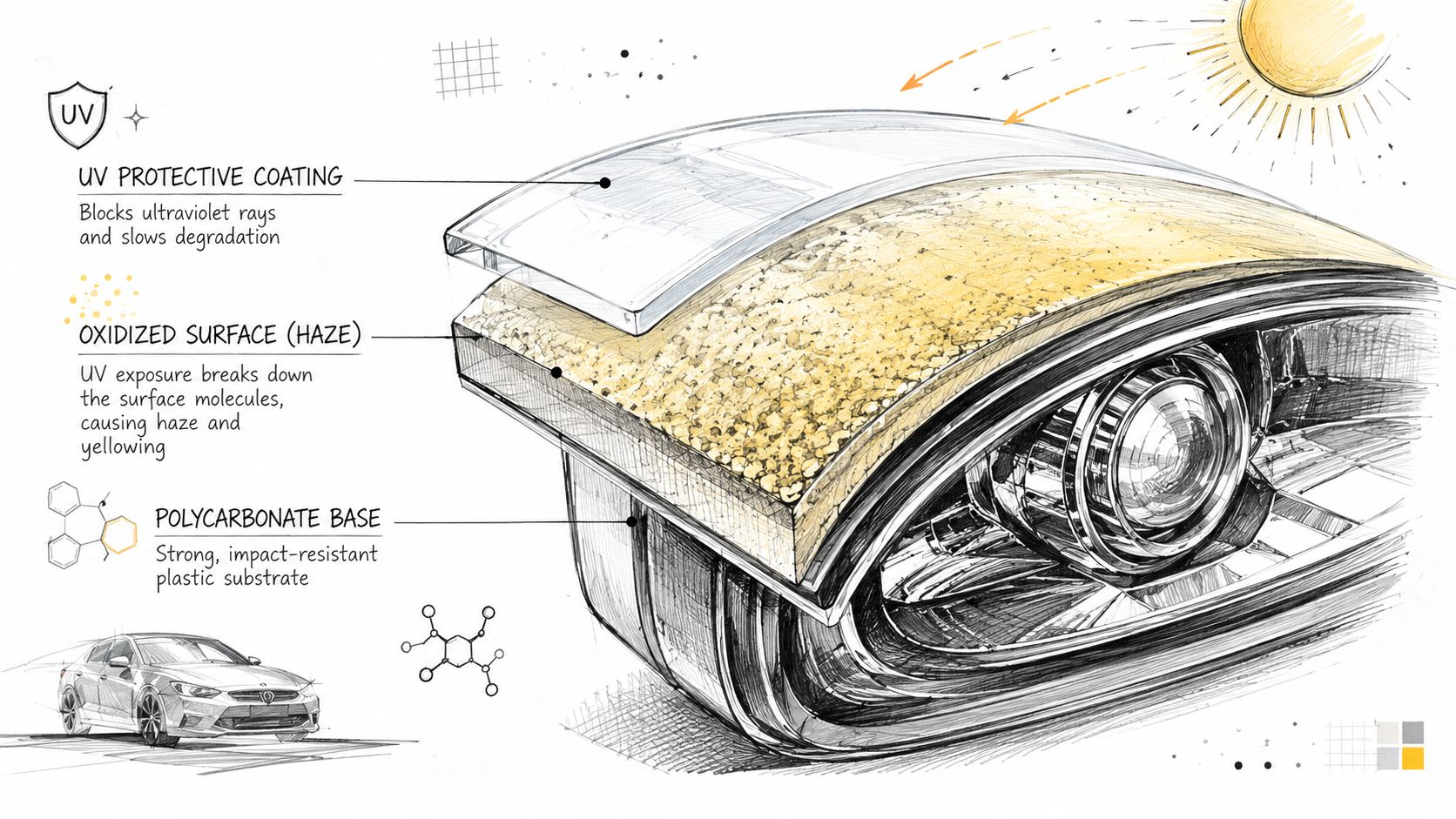 A diagram illustrating the layers of a car headlight including the UV coating, oxidized surface, and polycarbonate base.