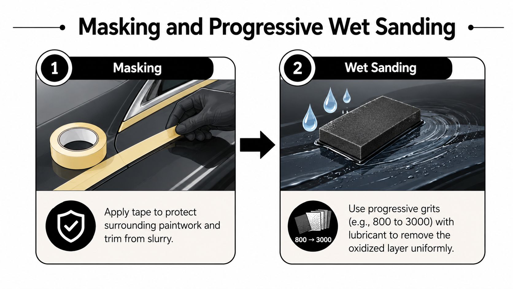 An infographic showing steps for DIY car headlight restoration, including masking with tape and progressive wet sanding.
